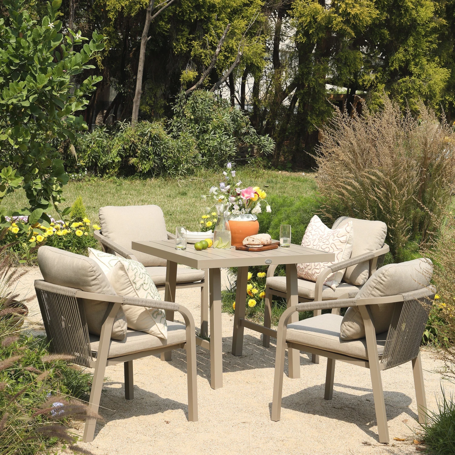 Manresa Rope 4-Seater Square Dining Set, Taupe And Beige 1 Manresa Rope 4-Seater Square Dining Set, Taupe And Beige