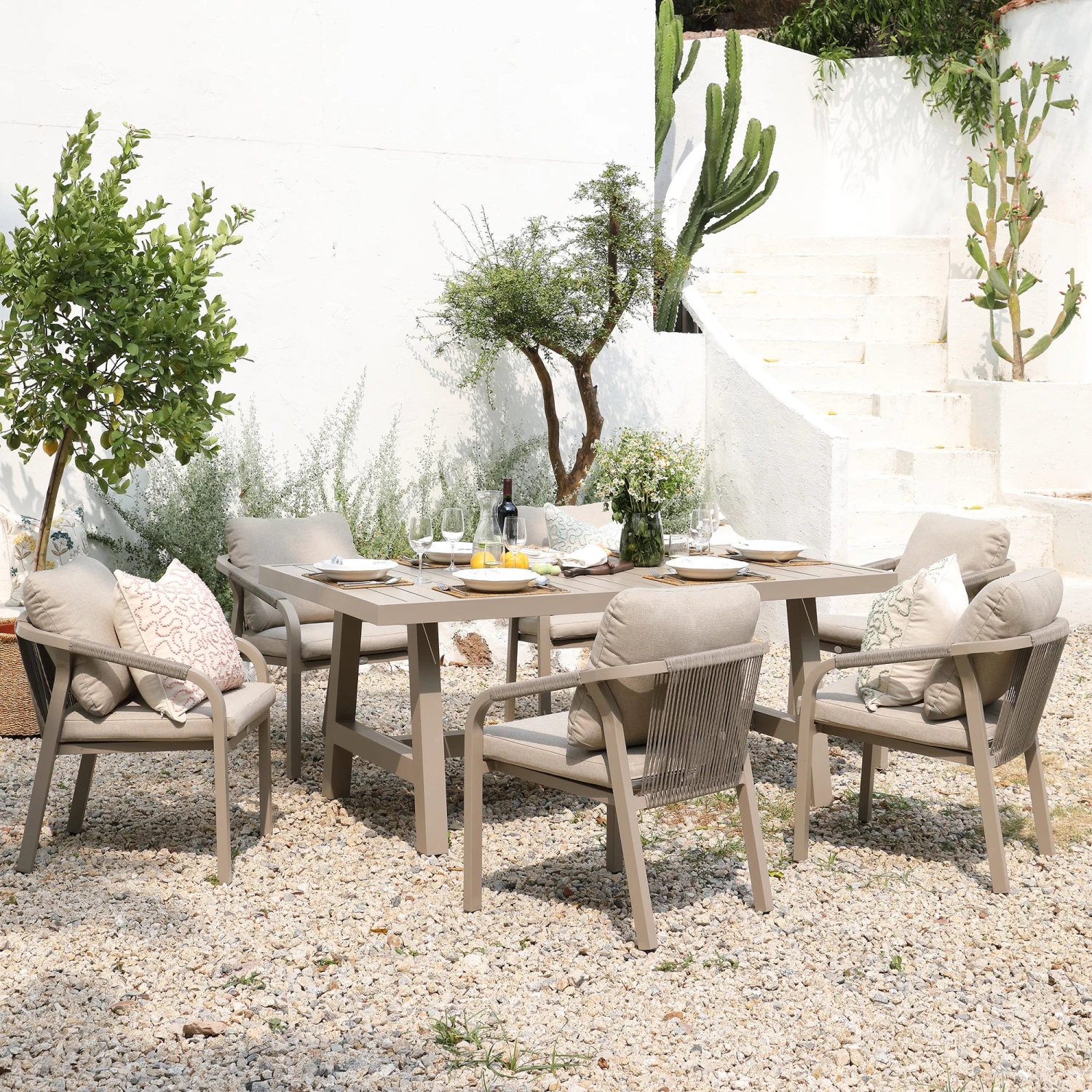 Manresa Taupe and Beige Rope Detail β Slatted Aluminium Rectangular 6-Seater Dining Set 2 Manresa Taupe and Beige Rope Detail β Slatted Aluminium Rectangular 6-Seater Dining Set - Image 2