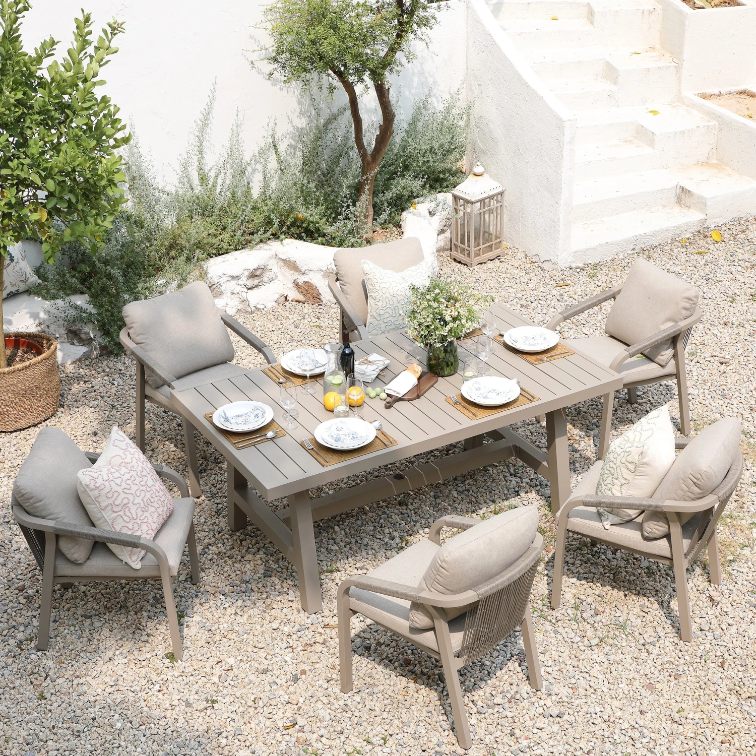 Manresa Taupe and Beige Rope Detail β Slatted Aluminium Rectangular 6-Seater Dining Set 3 Manresa Taupe and Beige Rope Detail β Slatted Aluminium Rectangular 6-Seater Dining Set - Image 3