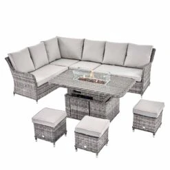 Hampshire Light Grey Large Corner Round Wicker Rattan Dining Set β Modular Sofa with Rising Firepit Table 25 Hampshire Light Grey Large Corner Round Wicker Rattan Dining Set β Modular Sofa with Rising Firepit Table -Daals Store OD DINE 288 LGREY SET WB1