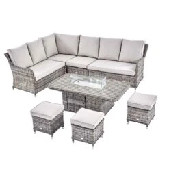 Hampshire Light Grey Large Corner Round Wicker Rattan Dining Set β Modular Sofa with Rising Firepit Table 28 Hampshire Light Grey Large Corner Round Wicker Rattan Dining Set β Modular Sofa with Rising Firepit Table -Daals Store OD DINE 288 LGREY SET WB3