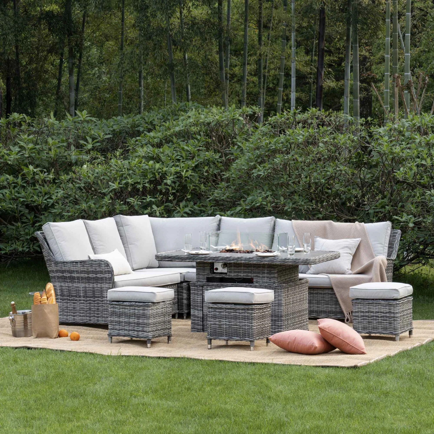 Hampshire Light Grey Large Corner Round Wicker Rattan Dining Set β Modular Sofa with Rising Firepit Table 1 Hampshire Light Grey Large Corner Round Wicker Rattan Dining Set β Modular Sofa with Rising Firepit Table