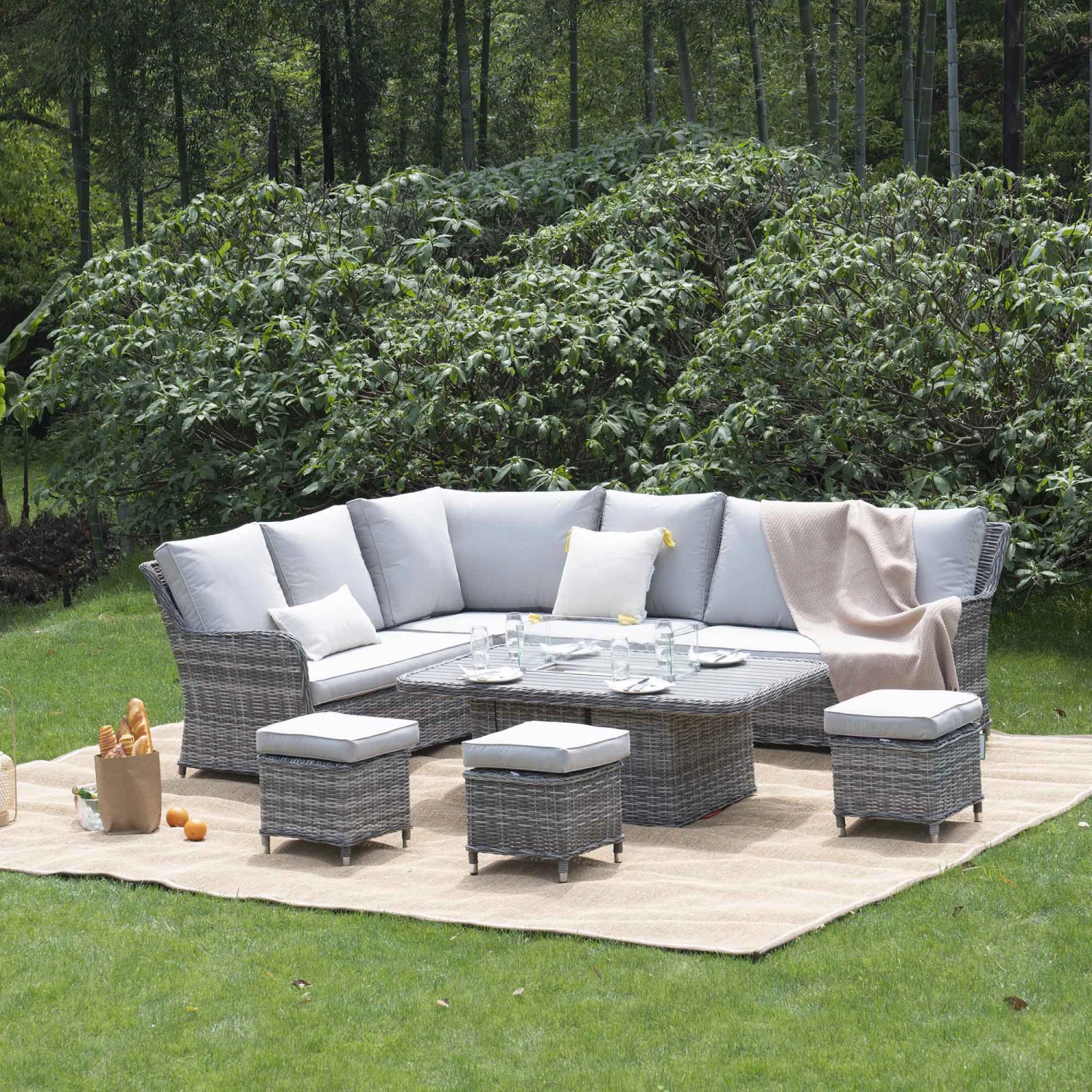Hampshire Light Grey Large Corner Round Wicker Rattan Dining Set β Modular Sofa with Rising Firepit Table 2 Hampshire Light Grey Large Corner Round Wicker Rattan Dining Set β Modular Sofa with Rising Firepit Table - Image 2