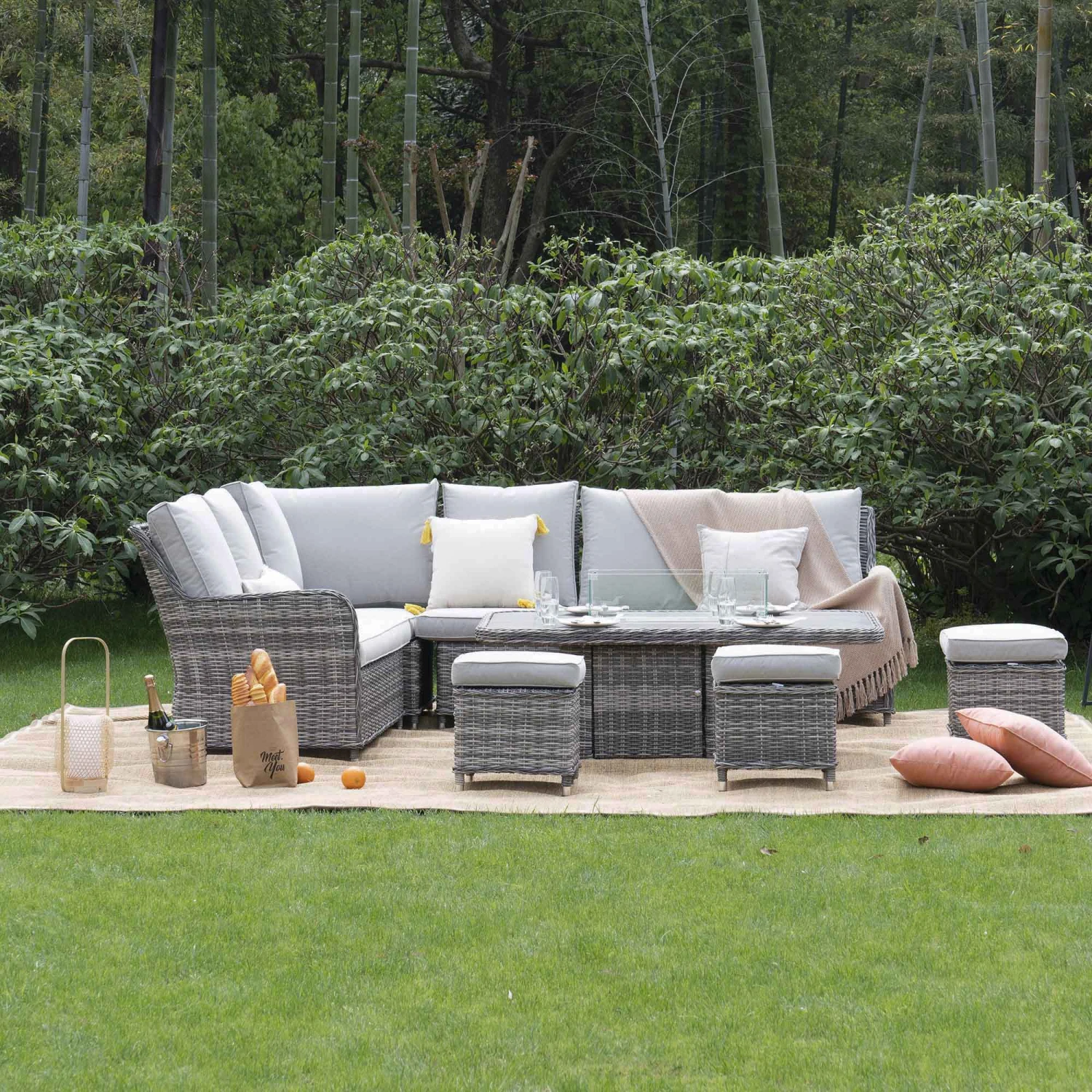 Hampshire Light Grey Large Corner Round Wicker Rattan Dining Set β Modular Sofa with Rising Firepit Table 3 Hampshire Light Grey Large Corner Round Wicker Rattan Dining Set β Modular Sofa with Rising Firepit Table - Image 3