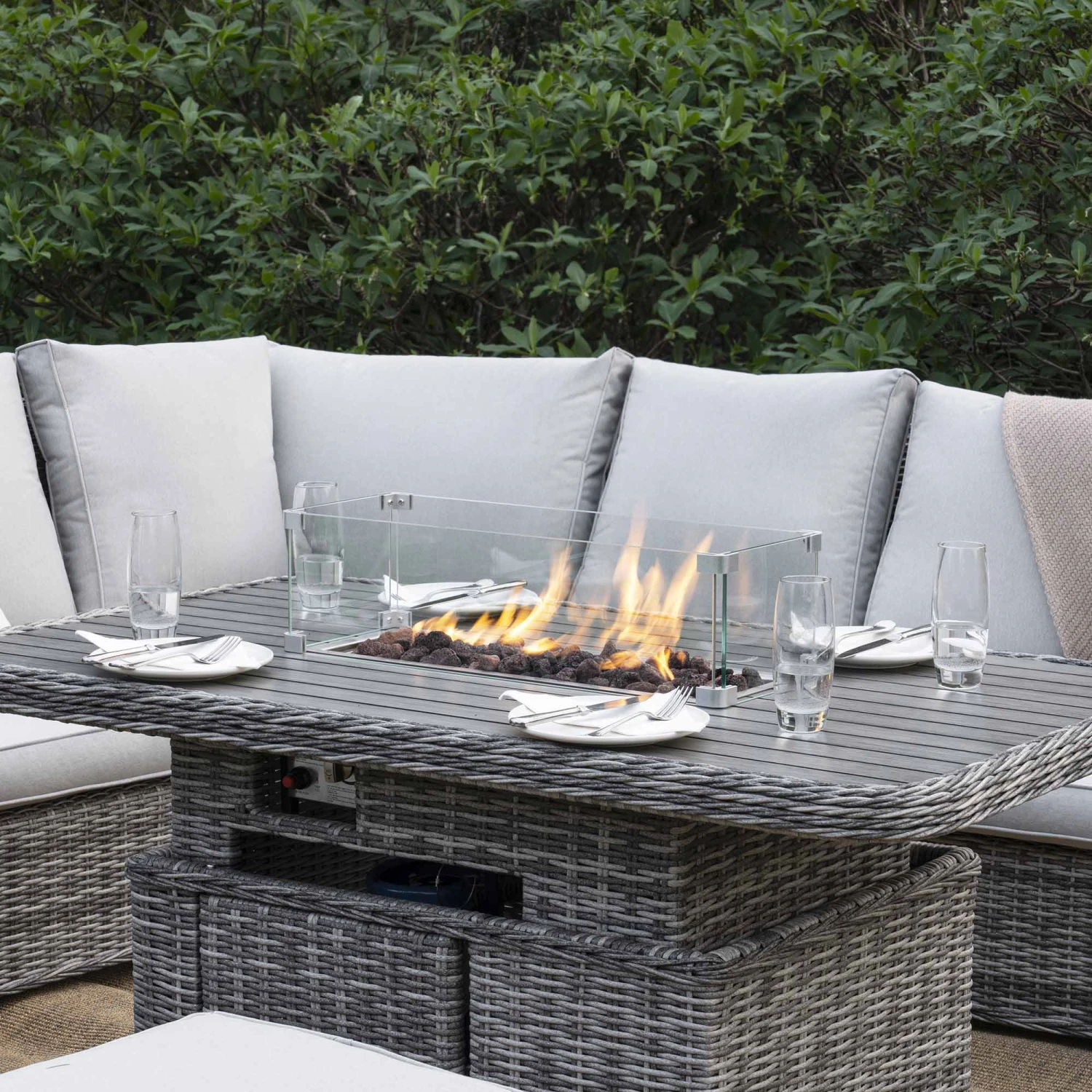 Hampshire Light Grey Large Corner Round Wicker Rattan Dining Set β Modular Sofa with Rising Firepit Table 4 Hampshire Light Grey Large Corner Round Wicker Rattan Dining Set β Modular Sofa with Rising Firepit Table - Image 4