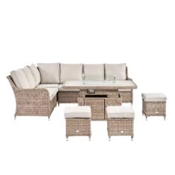 Hampshire Large Corner Natural Rattan Dining Set – Modular Wicker Sofa with Rising Firepit Table & Beige Cushions -Daals Store OD DINE 288 NAT SET WB1