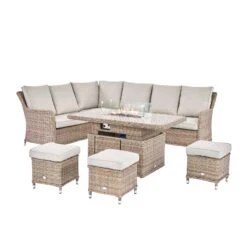 Hampshire Large Corner Natural Rattan Dining Set – Modular Wicker Sofa with Rising Firepit Table & Beige Cushions -Daals Store OD DINE 288 NAT SET WB2