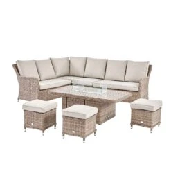 Hampshire Large Corner Natural Rattan Dining Set – Modular Wicker Sofa with Rising Firepit Table & Beige Cushions -Daals Store OD DINE 288 NAT SET WB3