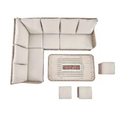 Hampshire Large Corner Natural Rattan Dining Set – Modular Wicker Sofa with Rising Firepit Table & Beige Cushions -Daals Store OD DINE 288 NAT SET WB4