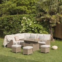 Hampshire Large Corner Round Wicker Rattan Casual Dining Set With Rising Firepit Table, Natural