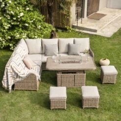 Hampshire Large Corner Natural Rattan Dining Set – Modular Wicker Sofa with Rising Firepit Table & Beige Cushions -Daals Store OD DINE 288 NAT SET scene2