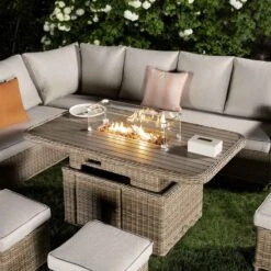 Hampshire Large Corner Natural Rattan Dining Set – Modular Wicker Sofa with Rising Firepit Table & Beige Cushions -Daals Store OD DINE 288 NAT SET scene3