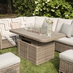 Hampshire Large Corner Natural Rattan Dining Set – Modular Wicker Sofa with Rising Firepit Table & Beige Cushions -Daals Store OD DINE 288 NAT SET scene4