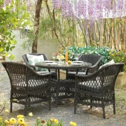 Willowbrook Lattice Weave Rattan 4-Seater Round Dining Set, Dark Grey