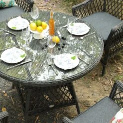 Willowbrook Lattice Weave Rattan 4-Seater Round Dining Set in Dark Grey - All-Weather Aluminum Garden Furniture 10 Willowbrook Lattice Weave Rattan 4-Seater Round Dining Set in Dark Grey - All-Weather Aluminum Garden Furniture -Daals Store OD DINE 3090 GREY SET scene4