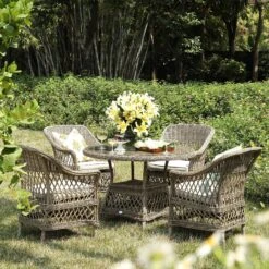 Willowbrook Lattice Weave Rattan 4-Seater Round Dining Set, Natural