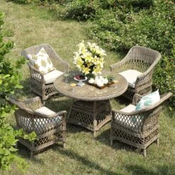 Willowbrook Lattice Weave Rattan 4-Seater Round Dining Set, Natural -Daals Store OD DINE 3090 NAT SET scene2