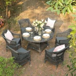 Willowbrook Lattice Weave Rattan 6-Seater Round Dining Set, Dark Grey -Daals Store OD DINE 3115 GREY SET scene1