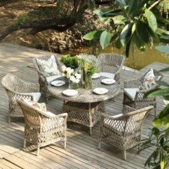 Willowbrook Natural Lattice Weave Rattan 6-Seater Round Dining Set – All-Weather Garden Furniture