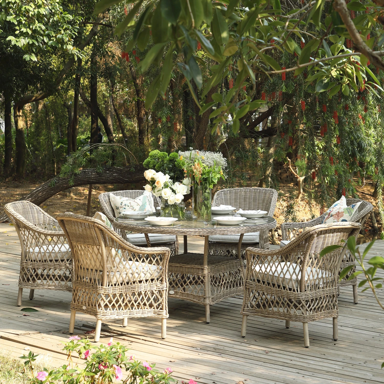 Willowbrook Natural Lattice Weave Rattan 6-Seater Round Dining Set β All-Weather Garden Furniture 2 Willowbrook Natural Lattice Weave Rattan 6-Seater Round Dining Set β All-Weather Garden Furniture - Image 2