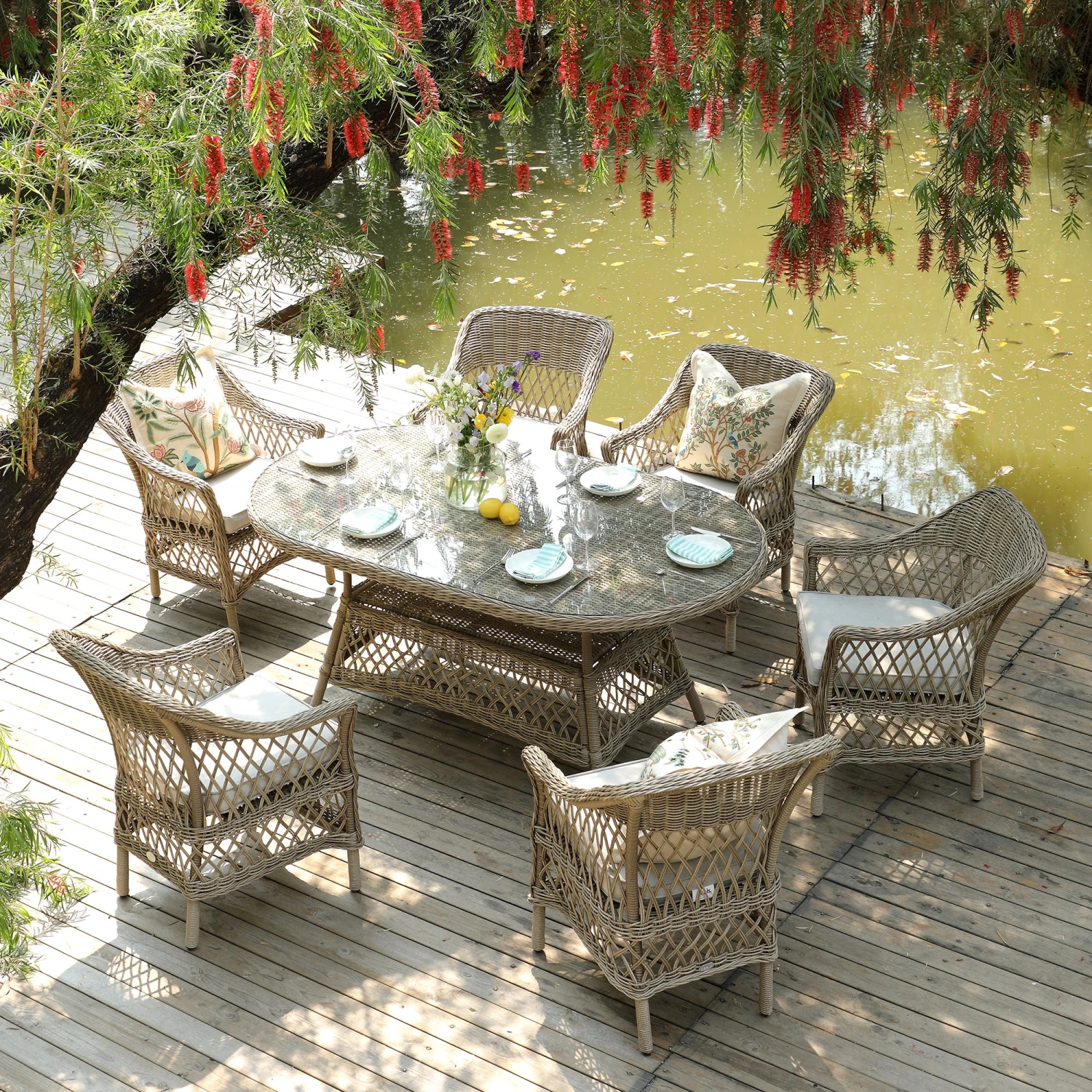 Willowbrook Natural Lattice Weave Rattan 6-Seater Oval Dining Set β All-Weather Garden Furniture 1 Willowbrook Natural Lattice Weave Rattan 6-Seater Oval Dining Set β All-Weather Garden Furniture