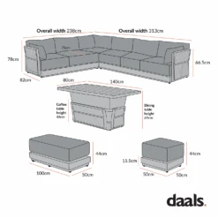 Pedra Rope And Aluminium Large Corner Casual Dining Set With Rising Table, Grey -Daals Store OD DINE 4980 SET CHART