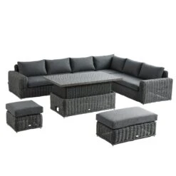 Bellagio Round Wicker Large Corner Casual Dining Set With Rising Table, Dark Grey