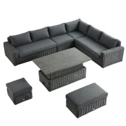 Bellagio Round Wicker Large Corner Casual Dining Set With Rising Table, Dark Grey -Daals Store OD DINE 550 DARKGREY SET WB3