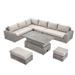 Bellagio Round Wicker Large Corner Casual Dining Set With Rising Table, Light Grey 19 Bellagio Round Wicker Large Corner Casual Dining Set With Rising Table, Light Grey -Daals Store OD DINE 550 LGREY SET WB1