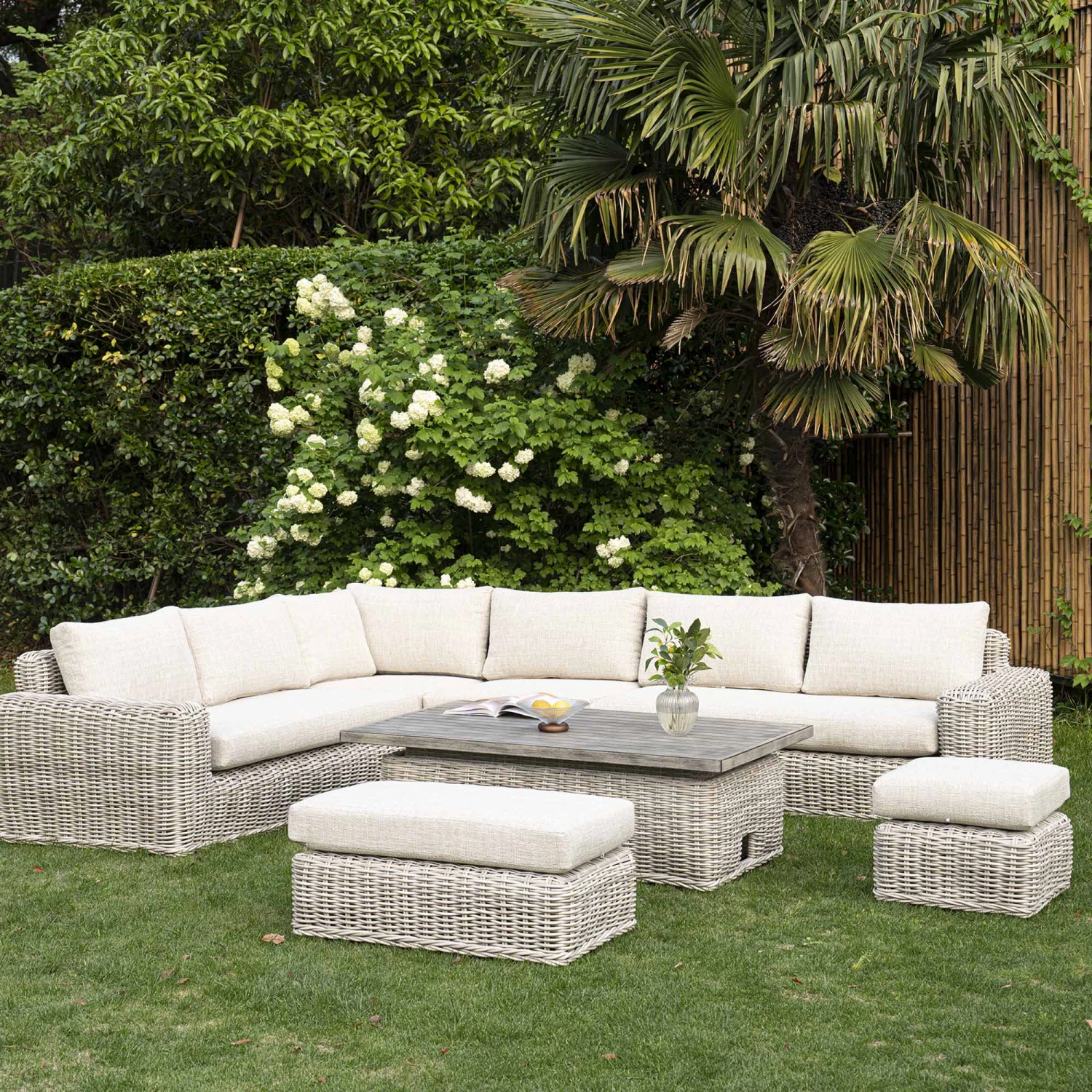 Bellagio Round Wicker Large Corner Casual Dining Set With Rising Table, Light Grey 2 Bellagio Round Wicker Large Corner Casual Dining Set With Rising Table, Light Grey - Image 2