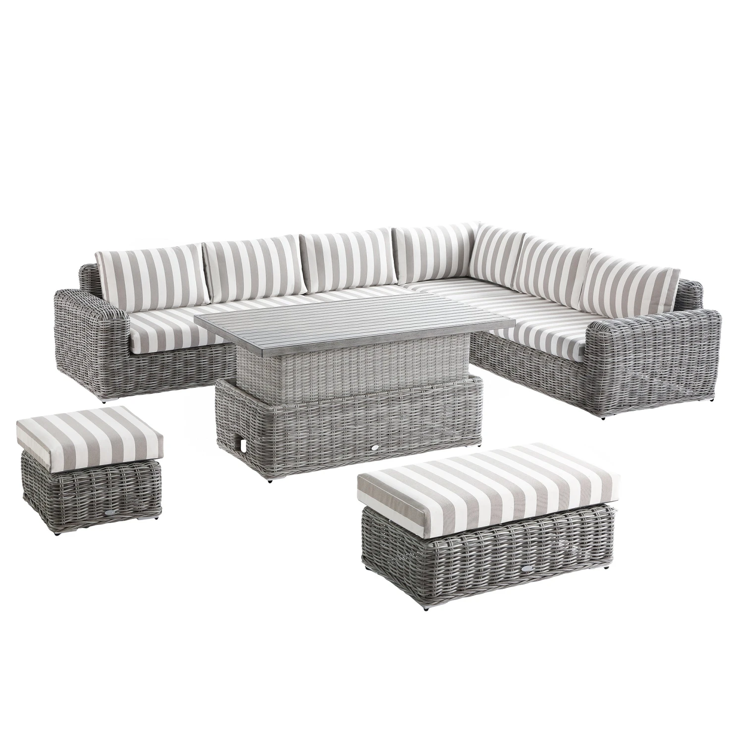 Bellagio Round Wicker Large Corner Casual Dining Set With Rising Table, Light Grey With Taupe Stripes 1 Bellagio Round Wicker Large Corner Casual Dining Set With Rising Table, Light Grey With Taupe Stripes