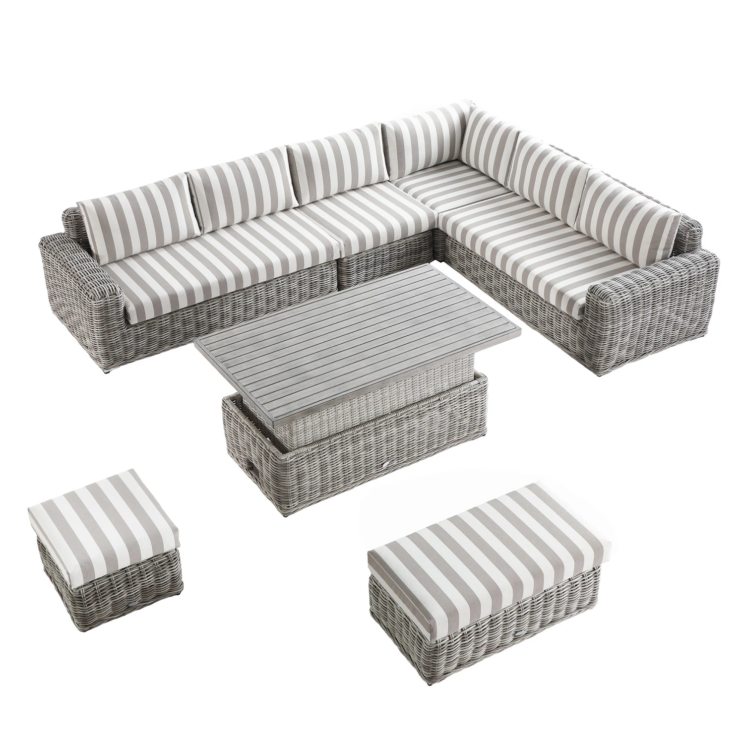 Bellagio Round Wicker Large Corner Casual Dining Set With Rising Table, Light Grey With Taupe Stripes 2 Bellagio Round Wicker Large Corner Casual Dining Set With Rising Table, Light Grey With Taupe Stripes - Image 2