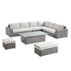 Bellagio Round Wicker Large Corner Casual Dining Set With Rising Table, Light Grey With Taupe Stripes 13 Bellagio Round Wicker Large Corner Casual Dining Set With Rising Table, Light Grey With Taupe Stripes -Daals Store OD DINE 550 LGREY TAUPESRTIPE SET WB4