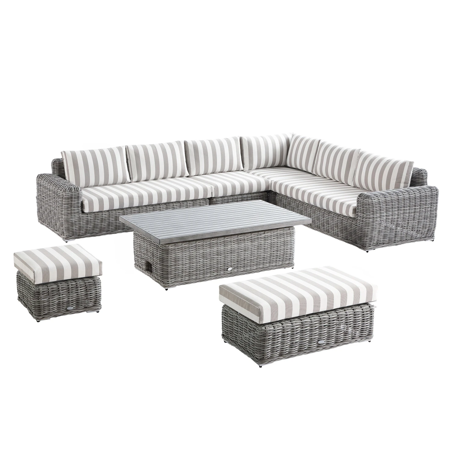 Bellagio Round Wicker Large Corner Casual Dining Set With Rising Table, Light Grey With Taupe Stripes 5 Bellagio Round Wicker Large Corner Casual Dining Set With Rising Table, Light Grey With Taupe Stripes - Image 5