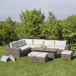 Bellagio Round Wicker Large Corner Casual Dining Set With Rising Table, Natural