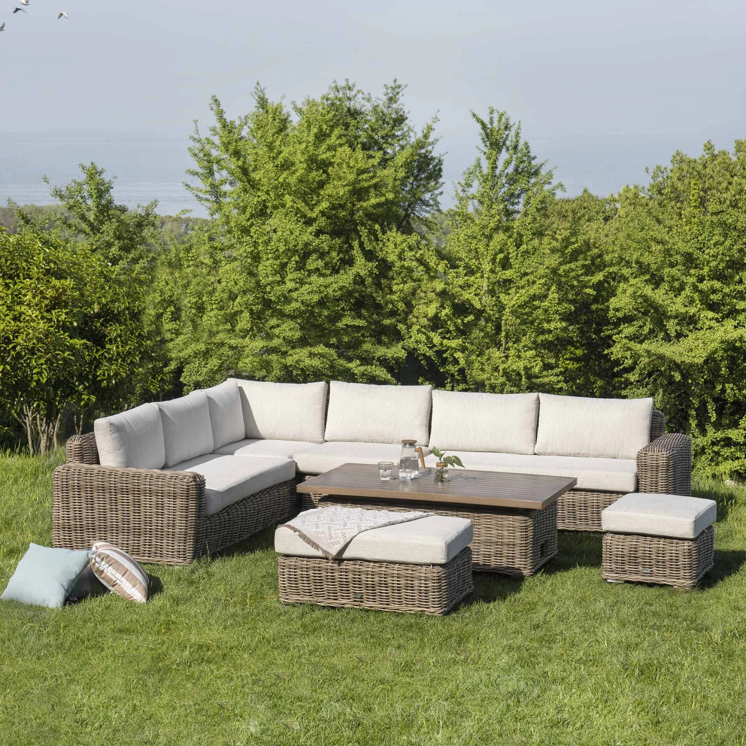 Bellagio Round Wicker Large Corner Casual Dining Set With Rising Table, Natural 1 Bellagio Round Wicker Large Corner Casual Dining Set With Rising Table, Natural