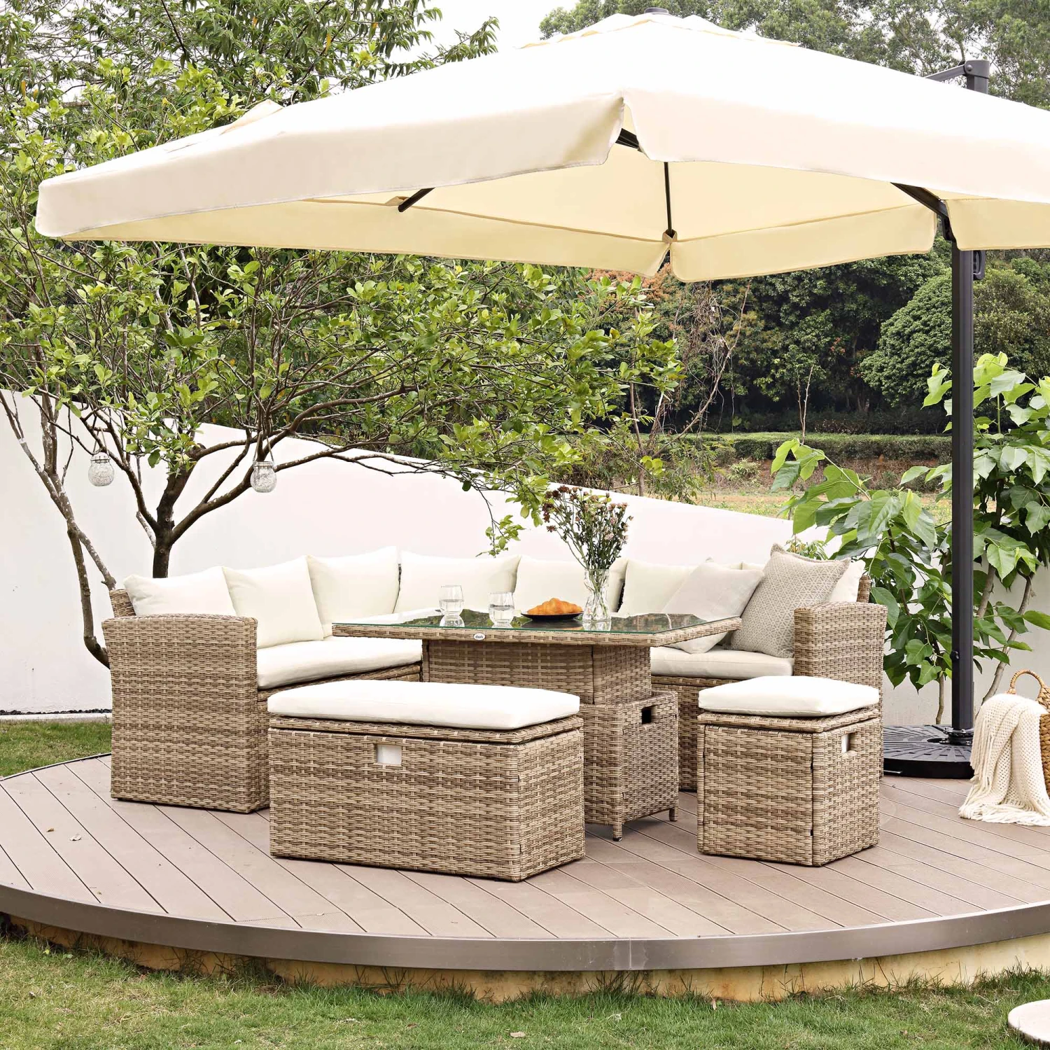 Granchester Rattan Rectangular Corner Dining Sofa Set With Rising Table, Natural 3 Granchester Rattan Rectangular Corner Dining Sofa Set With Rising Table, Natural - Image 3