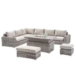 Bellagio Round Wicker Large Corner Casual Dining Set With Rising Firepit Table, Light Grey -Daals Store OD DINE 650 LGREY SET WB1