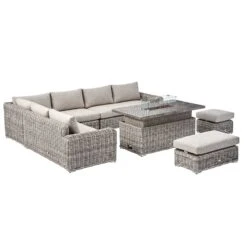 Bellagio Round Wicker Large Corner Casual Dining Set With Rising Firepit Table, Light Grey -Daals Store OD DINE 650 LGREY SET WB4