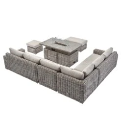 Bellagio Round Wicker Large Corner Casual Dining Set With Rising Firepit Table, Light Grey -Daals Store OD DINE 650 LGREY SET WB5