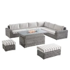 Bellagio Round Wicker Large Corner Casual Dining Set With Rising Firepit Table, Light Grey With Taupe Stripes