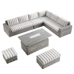 Bellagio Round Wicker Large Corner Casual Dining Set With Rising Firepit Table, Light Grey With Taupe Stripes -Daals Store OD DINE 650 LGREY TAUPESTRIPE SET WB3