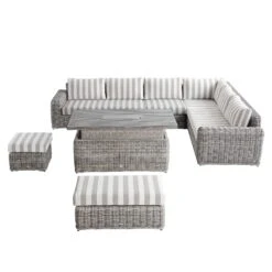 Bellagio Round Wicker Large Corner Casual Dining Set With Rising Firepit Table, Light Grey With Taupe Stripes -Daals Store OD DINE 650 LGREY TAUPESTRIPE SET WB6