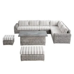 Bellagio Round Wicker Large Corner Casual Dining Set With Rising Firepit Table, Light Grey With Taupe Stripes -Daals Store OD DINE 650 LGREY TAUPESTRIPE SET WB7