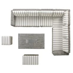 Bellagio Round Wicker Large Corner Casual Dining Set With Rising Firepit Table, Light Grey With Taupe Stripes -Daals Store OD DINE 650 LGREY TAUPESTRIPE SET WB9