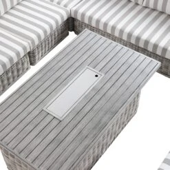 Bellagio Round Wicker Large Corner Casual Dining Set With Rising Firepit Table, Light Grey With Taupe Stripes -Daals Store OD DINE 650 LGREY TAUPESTRIPE SET detail2