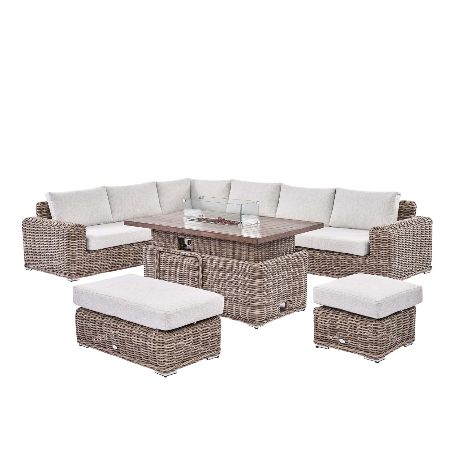 Bellagio Natural Round Wicker Large Modular Corner Dining Set β Height Adjustable Firepit Table & Beige Cushions 7 Bellagio Natural Round Wicker Large Modular Corner Dining Set β Height Adjustable Firepit Table & Beige Cushions - Image 7