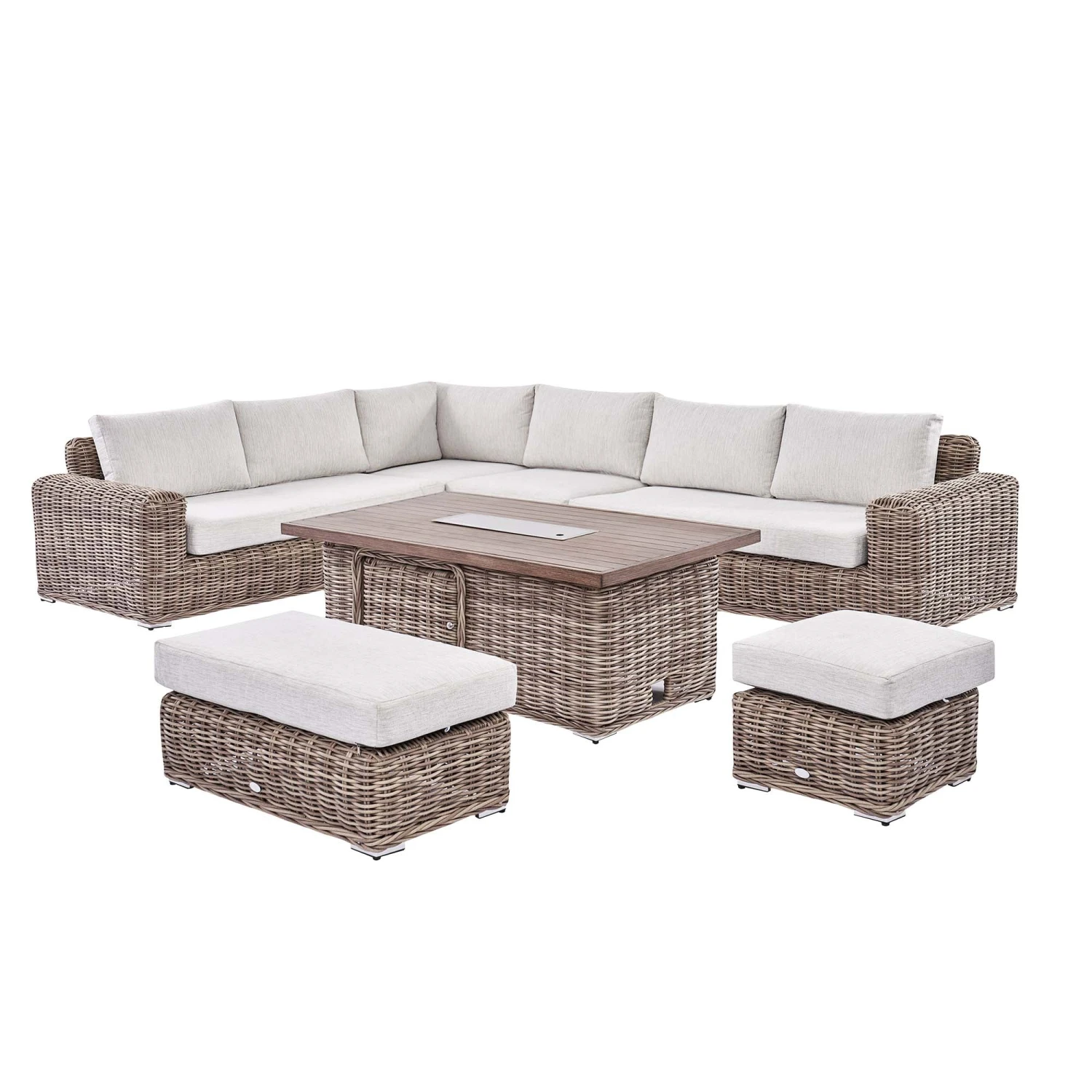 Bellagio Natural Round Wicker Large Modular Corner Dining Set β Height Adjustable Firepit Table & Beige Cushions 8 Bellagio Natural Round Wicker Large Modular Corner Dining Set β Height Adjustable Firepit Table & Beige Cushions - Image 8