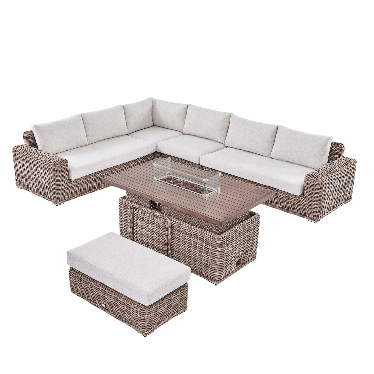 Bellagio Natural Round Wicker Large Modular Corner Dining Set β Height Adjustable Firepit Table & Beige Cushions 12 Bellagio Natural Round Wicker Large Modular Corner Dining Set β Height Adjustable Firepit Table & Beige Cushions - Image 12