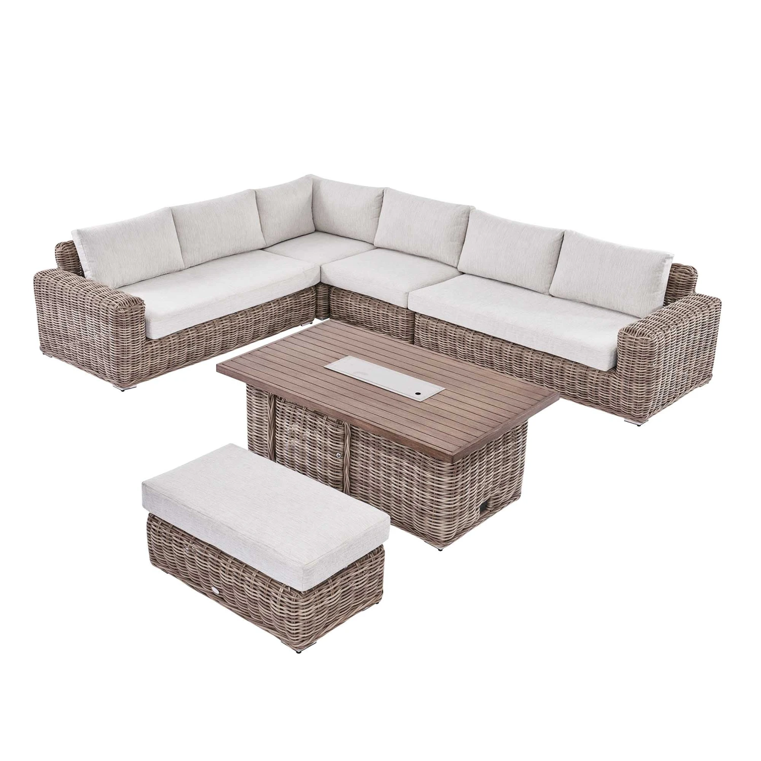 Bellagio Natural Round Wicker Large Modular Corner Dining Set β Height Adjustable Firepit Table & Beige Cushions 13 Bellagio Natural Round Wicker Large Modular Corner Dining Set β Height Adjustable Firepit Table & Beige Cushions - Image 13